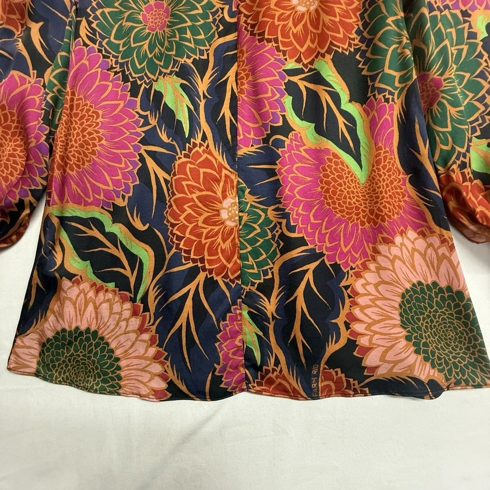 Farm Rio Floral Blouse XS Brazilian Designer Mock Neck Puff Sleeve Boho Statemen